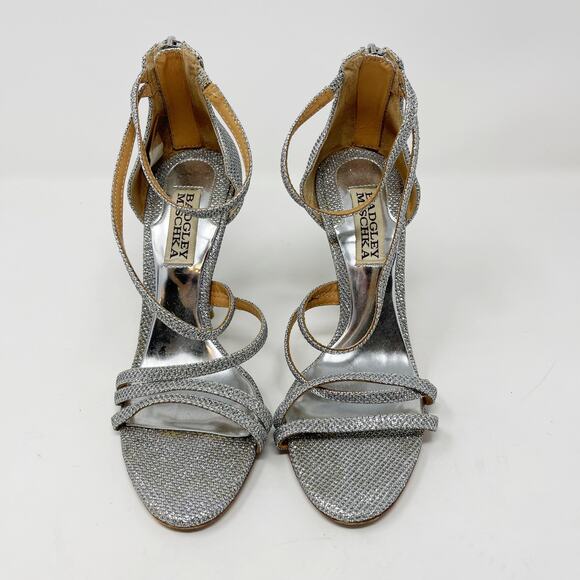 Badgley Mischka 5 Silver Glittery Landmark Strappy Zip Up Heels Sandals Dressy - Picture 2 of 16